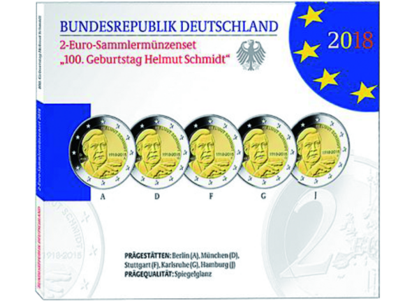 5 x 2 Euro-Satz Helmut Schmidt Polierte Platte - Sammelmappe