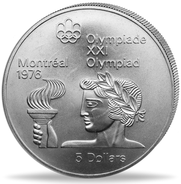 Kanada, 5 Dollar Athlet mit Fackel – Montreal 1974, Silber - Münze Vorderseite