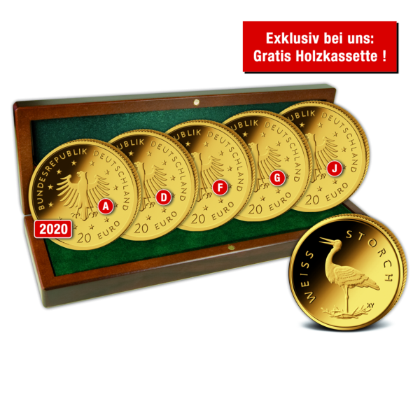 5 x 20 Euro-Komplettsatz Weißstorch-Heimische Vögel Gold - Satzbild