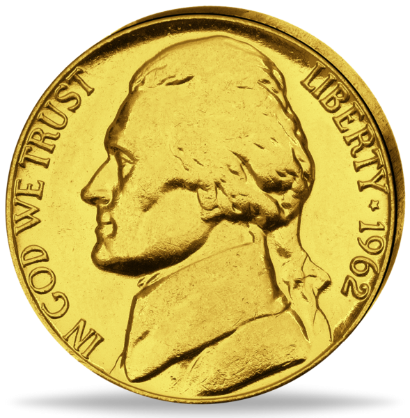 5 US Cent-Nickel „Thomas Jefferson“ 24 Karat-Goldveredlung - Münze Vorderseite