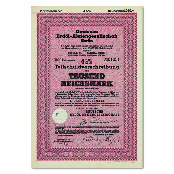 Aktie 1000 Reichsmark Deutsche Erdöl-AG Berlin 1938