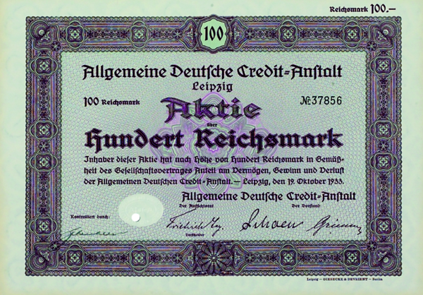 Aktie 100 Reichsmark Allgemeine Deutsche Credit-Anstalt