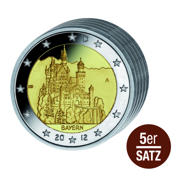 5x 2 Euro Schloss Neuschwanstein alle 5 Prägestätten, im Sammelalbum - Satz