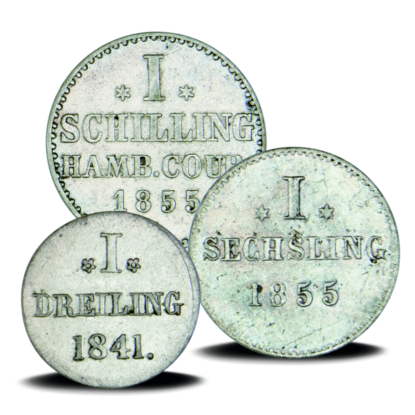 Hamburg, 3er-Silber-Satz 1823-1855, Dreiling, Sechsling und Schilling