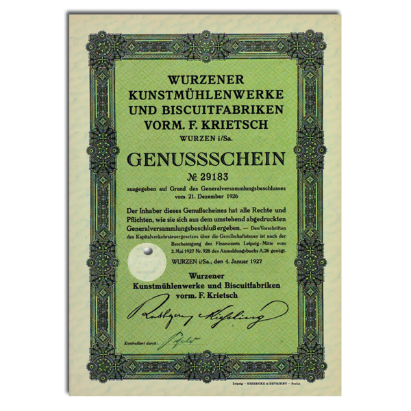 Genuss-Schein Wurzener Kunstmühlen 1927