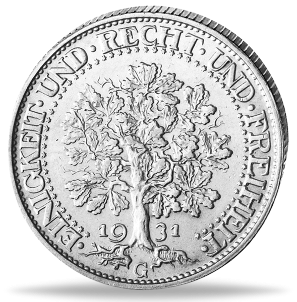 Weimarer Republik, 5 Reichsmark Eichbaum 1931, Prägebuchstabe A (J.331) - Silber