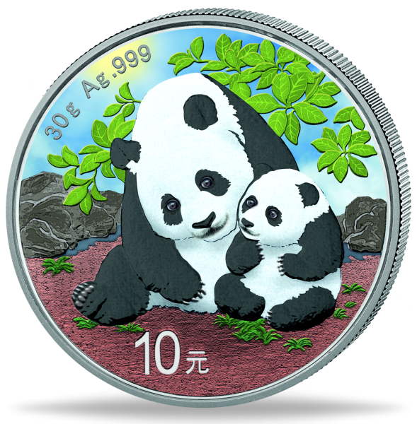 10 Yuan 2024, Panda Tagdesign - Silber mit Farbapplikation - Münze Vorderseite