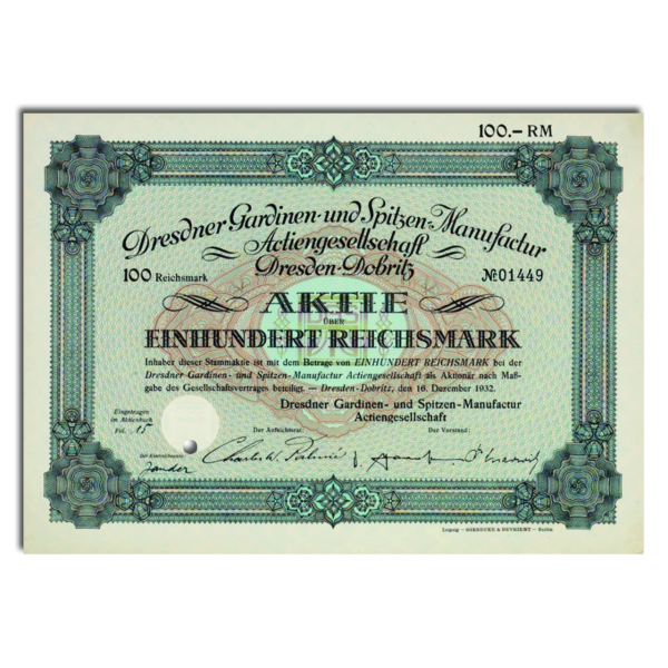 100 Reichsmark Dresdner Gardienen- & Spitzen-Manufaktur 1932 - Aktie