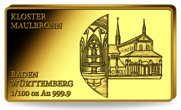 Anlage-Barren 1/100 Unze Gold Baden-Württemberg - Kloster Maulbronn - Vorderseit