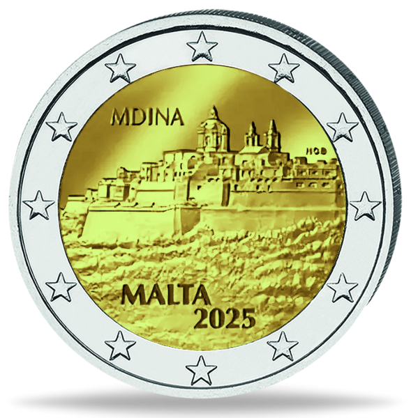 Malta 2 € „Mdina“, 2025, bfr. in amtlicher Coincard - Münze Vorderseite