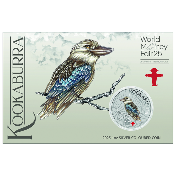 1 Unze Silber Kookaburra m. Farbveredelung - Blister Vorderseite