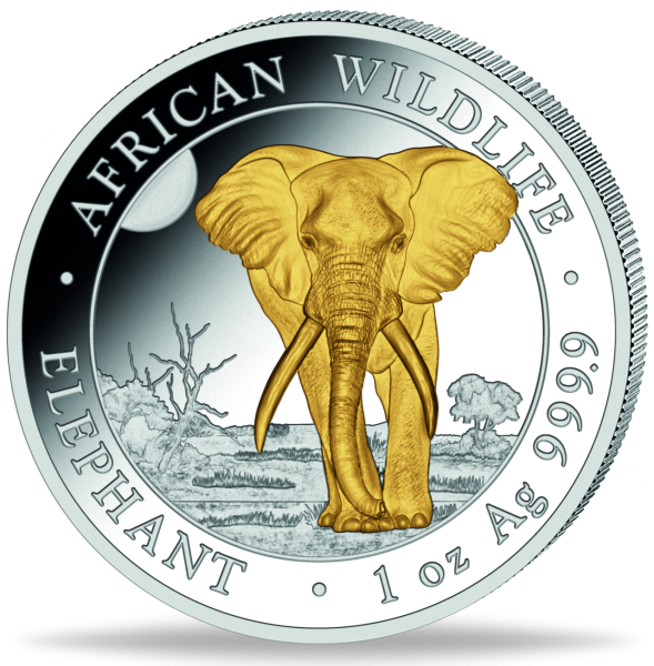 100 Shilling African Wildlife Elefant 1 oz Silber, vergoldet - Münze Vorderseite