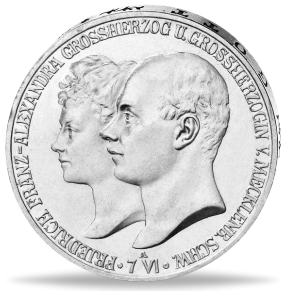 5 Mark „Hochzeit von Friedrich Franz IV.“ 1904 - Silber - Münze Vorderseite