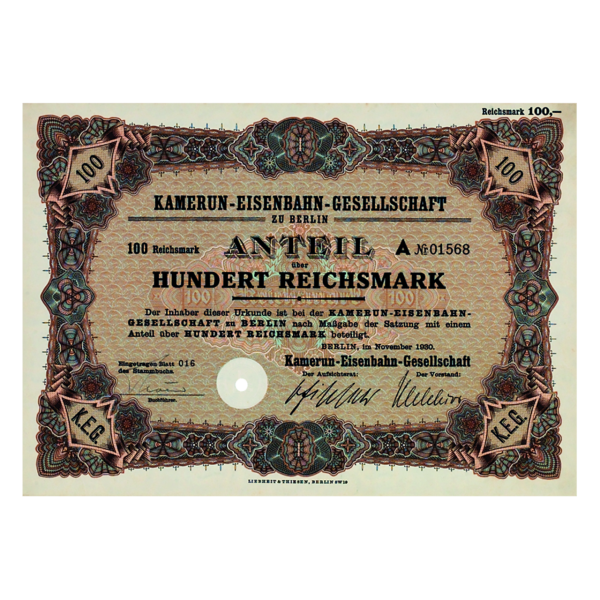 Aktie 100 Reichsmark Kamerun-Eisenbahn-Gesellschaft