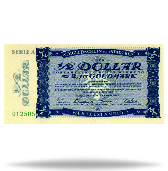 1/2 US-$ / 2,10 Goldmark Notgeld Kiel - Banknote Vorderseite