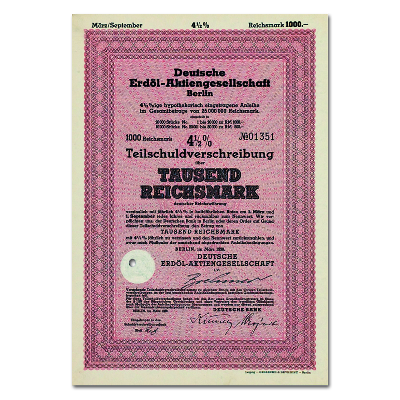 1000 Reichsmark Deutsche Erdol Ag Berlin 1938 Emporium Merkator