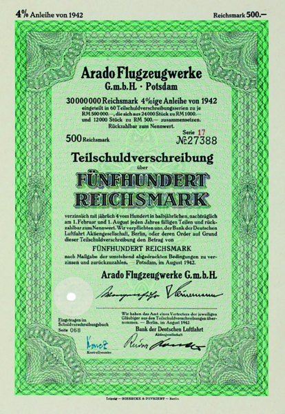 500 Reichsmark Arado Flugzeugwerke GmbH Potsdam