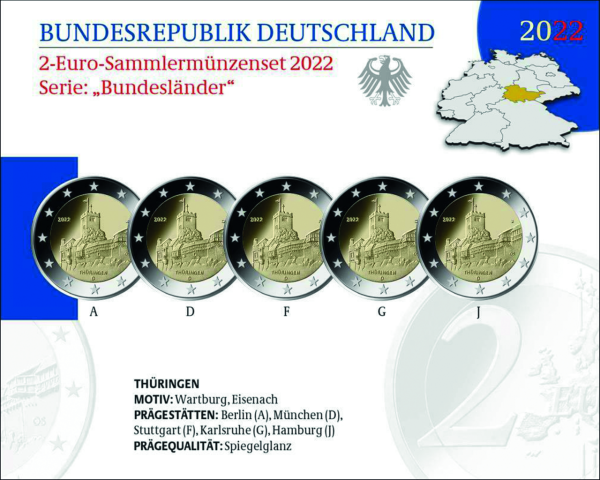 5x 2 Euro Wartburg Thueringen Praegestaetten - PP Satzbild