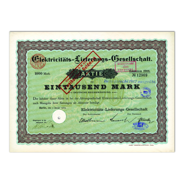 Aktie 1000 Reichsmark Elektrizitäts-Lieferungs-Gesellschaft (ELG), Berlin