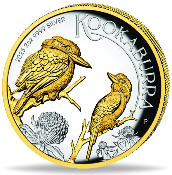 2 Dollar Kookaburra 2023 mit Goldveredelung und High Relief-Prägung Vorderseite