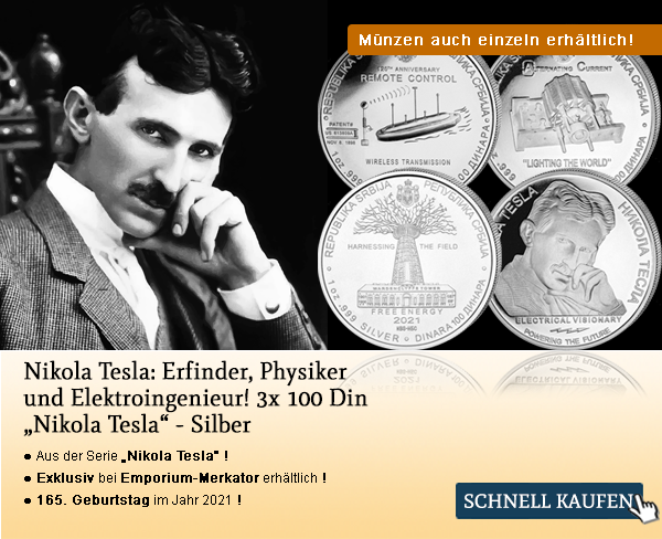 Silbermünzen mit dem Motiv Nikola Teslas  Emporium-Merkator