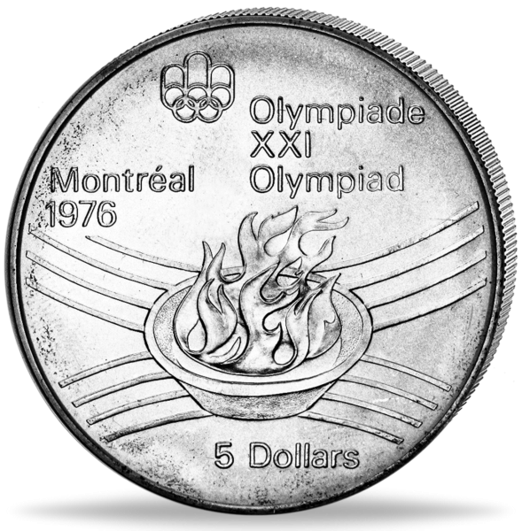 Kanada, 5 Dollar Olympische Flamme, Montreal 1976, Silber - Münze Vorderseite