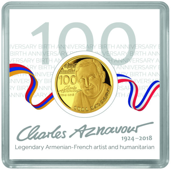 Armenien 100 Dram Charles Aznavour 1/10 Unze Gold 2024 - verpackte Münze vorn