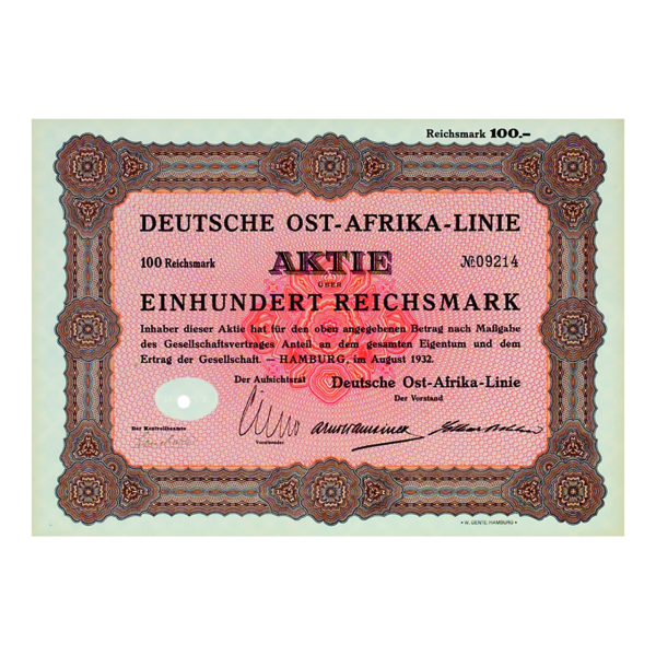 Aktie 100 Reichsmark Deutsche Ost-Afrika-Linie Hamburg