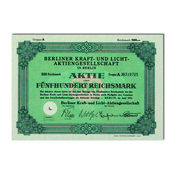 Aktie 500 Reichsmark Berliner Kraft- und Licht-AG