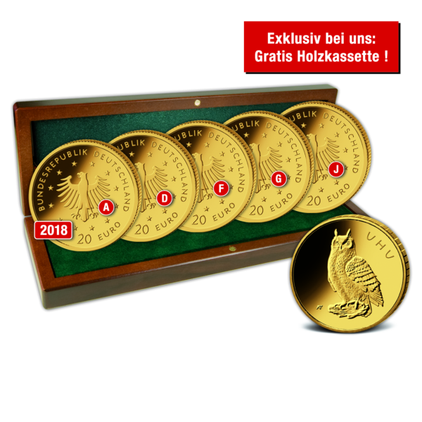 5 x 20 Goldeuro-Satz Uhu - Satz mit Kassette