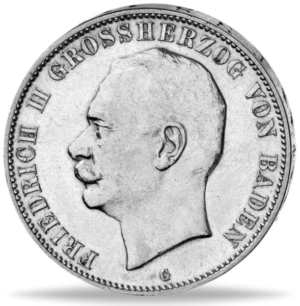 Baden, 5 Mark Großherzog Friedrich II. Silber 1908 Münze Vorderseite