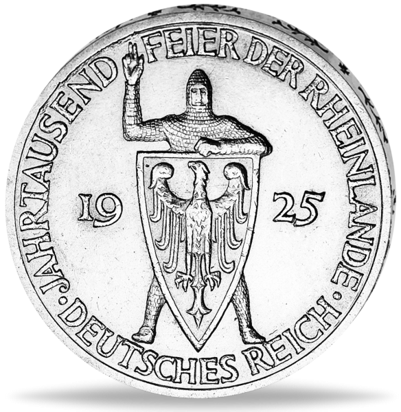 3 Reichsmark „Rheinlande - J“ 1925 Fast Stempelglanz - Silber - Münze Rückseite