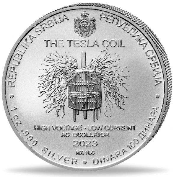 Serbien, Nikola Tesla 100 Din, Teslaspule 1 Unze Silber 2023 - Münze Vorderseite