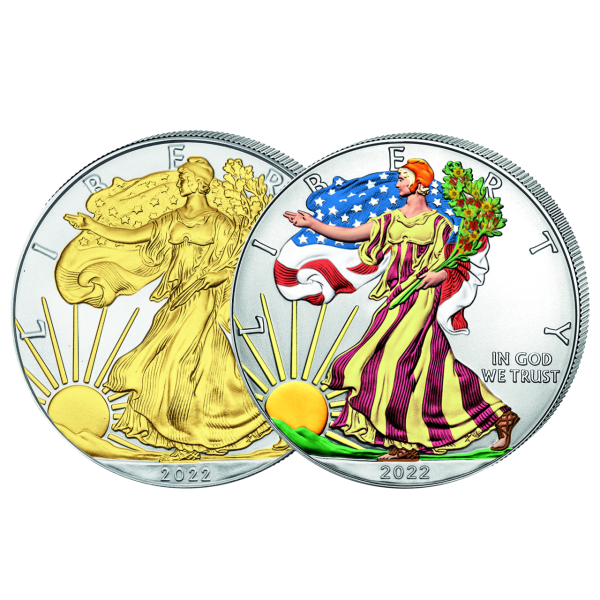 2x 1 Dollar Eagle Farbapplikation & Goldveredelung Satz