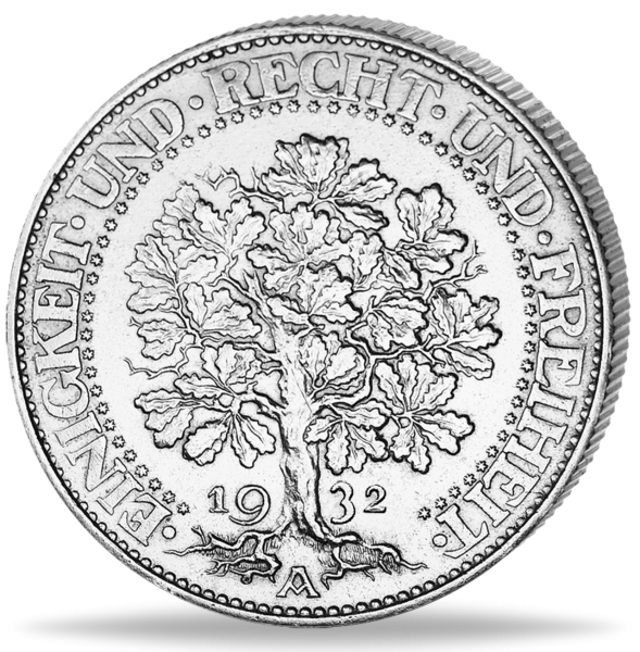 Weimarer Republik, 5 Reichsmark Eichbaum 1932, Prägebuchstabe A (J.331) - Silber