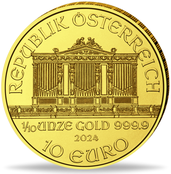 Österreich 10 Euro Philharmoniker 1/10 Unze Gold 2024 - Münze Vorderseite