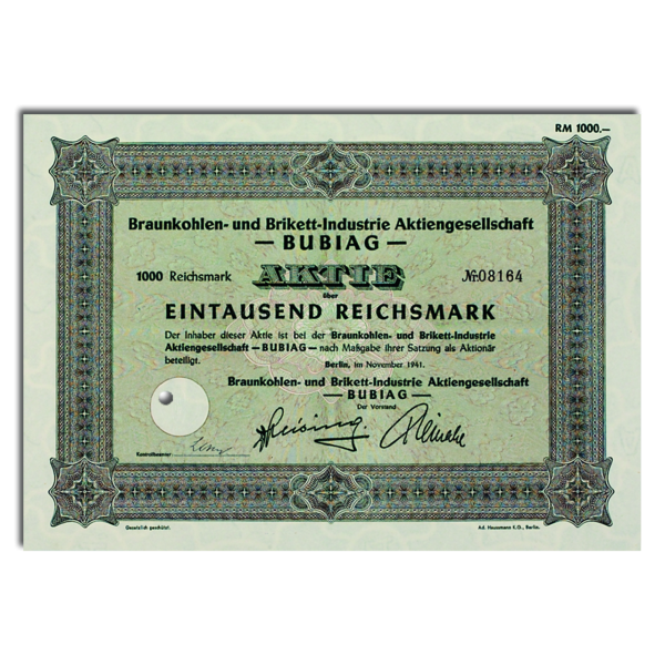 1000 Reichsmark Braunkohlen- und Brikett-Indutrie AG1935 (BUBIAG) - Aktie