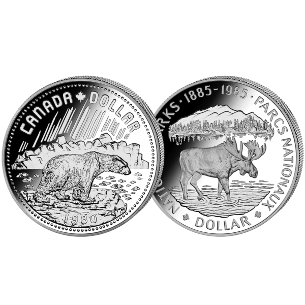 Kanada, 2 x 1 $ Elch + Eisbär, Polierte Platte - Silber - Satzbild