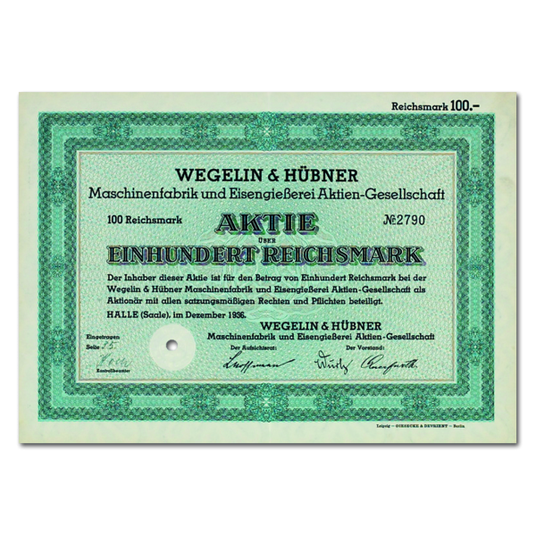 Aktie 100 Reichsmark Wegelin & Hübner Maschinenfabrik 1936 Halle