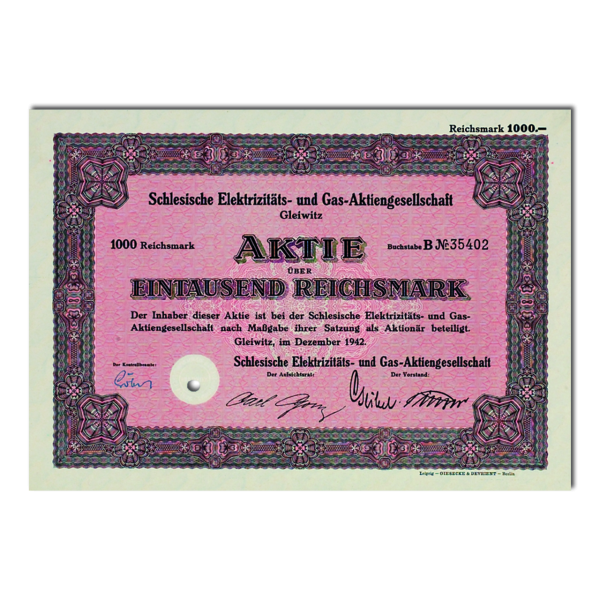 Aktie 1.000 Reichsmark Schlesische Elektricitäts- und Gas-AG Gleiwitz