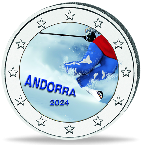 2 Euro 100 Jahre Skisport in Andorra, 2024, bfr., Farbappl. - Münze Vorderseite